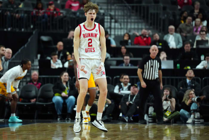 Mar 13, 2024; Las Vegas, NV, USA; Utah Utes guard Cole Bajema (2) celebrates against the Arizona State Sun Devils in the first half at T-Mobile Arena. Mandatory Credit: Kirby Lee-USA TODAY Sports